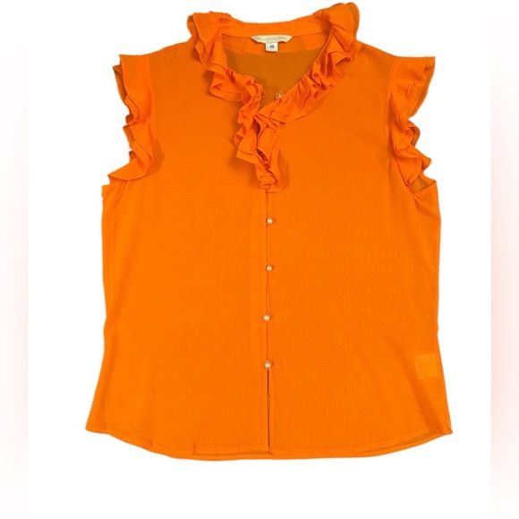 St. John Couture Orange Ruffle Silk Pearl Button-Up Blouse Size 10 - Picture 2 of 10